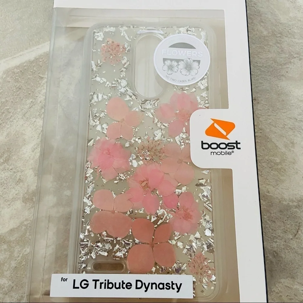 LG tribute dynasty pink silver sparkly pressed flower Botanic series phone case